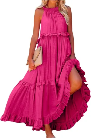 Summer Dresses for Women 2025 Boho Halter Maxi Dresses Sleeveless Pleated Tiered Flowy Beach Vacation Long Dress