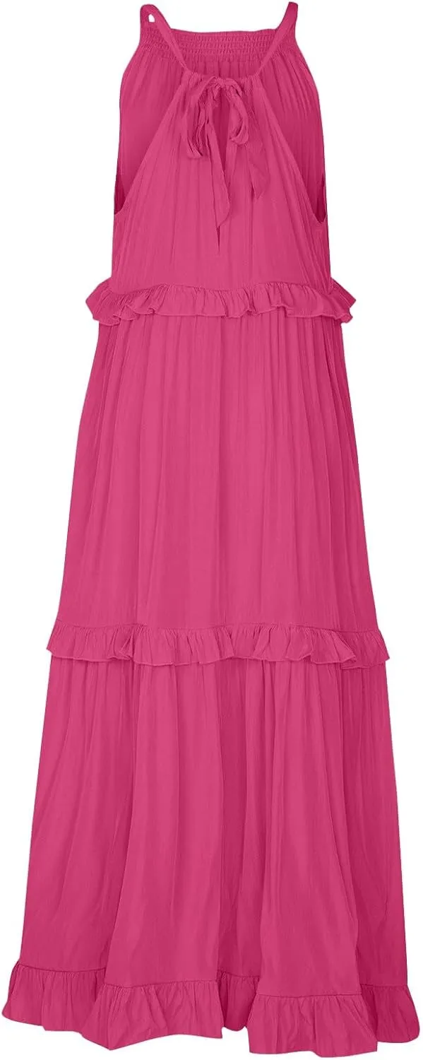 Summer Dresses for Women 2025 Boho Halter Maxi Dresses Sleeveless Pleated Tiered Flowy Beach Vacation Long Dress