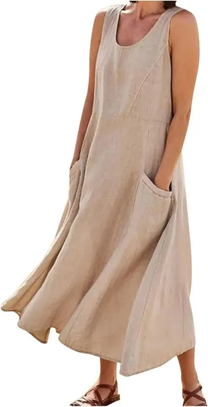Summer Dresses for Women 2025 Casual Boho Sundress Crew Neck Sleeveless Beach Vacation Maxi Dresses with Pockets