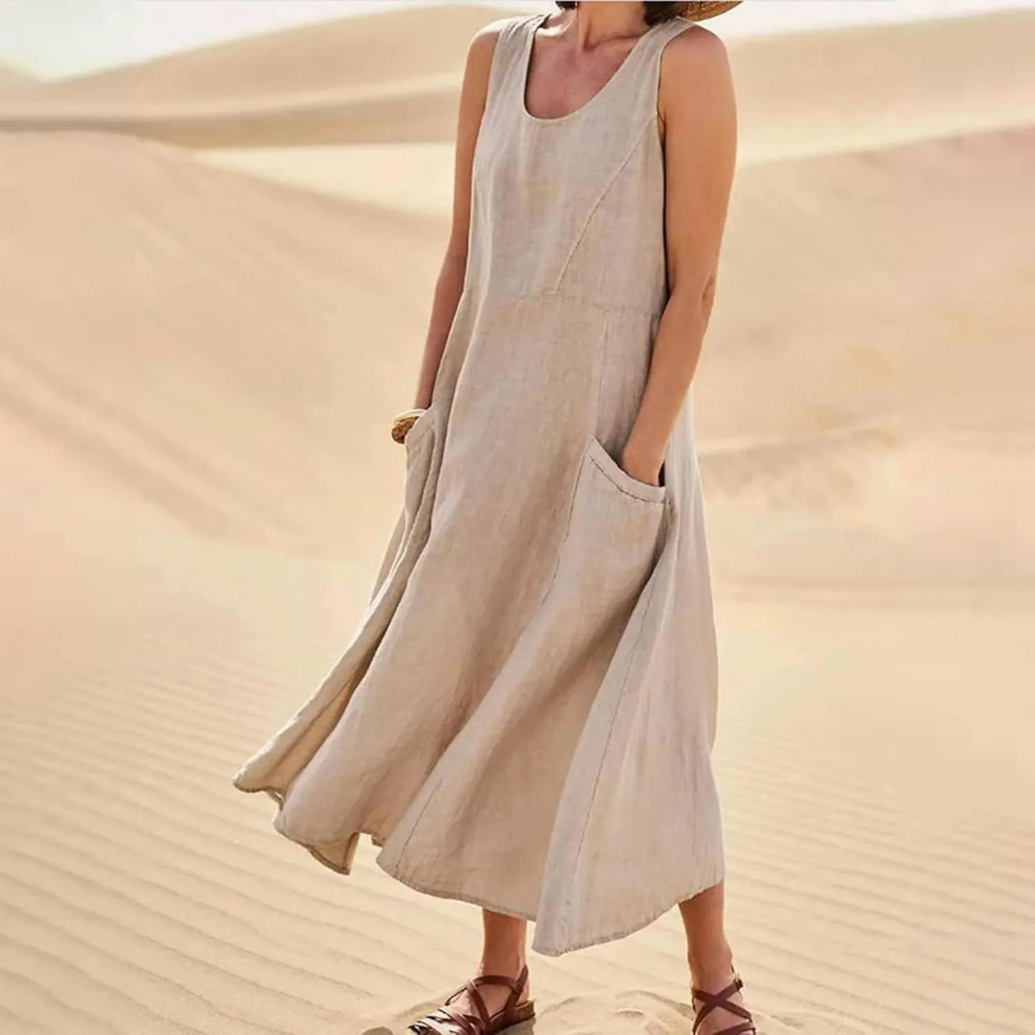 Summer Dresses for Women 2025 Casual Boho Sundress Crew Neck Sleeveless Beach Vacation Maxi Dresses with Pockets