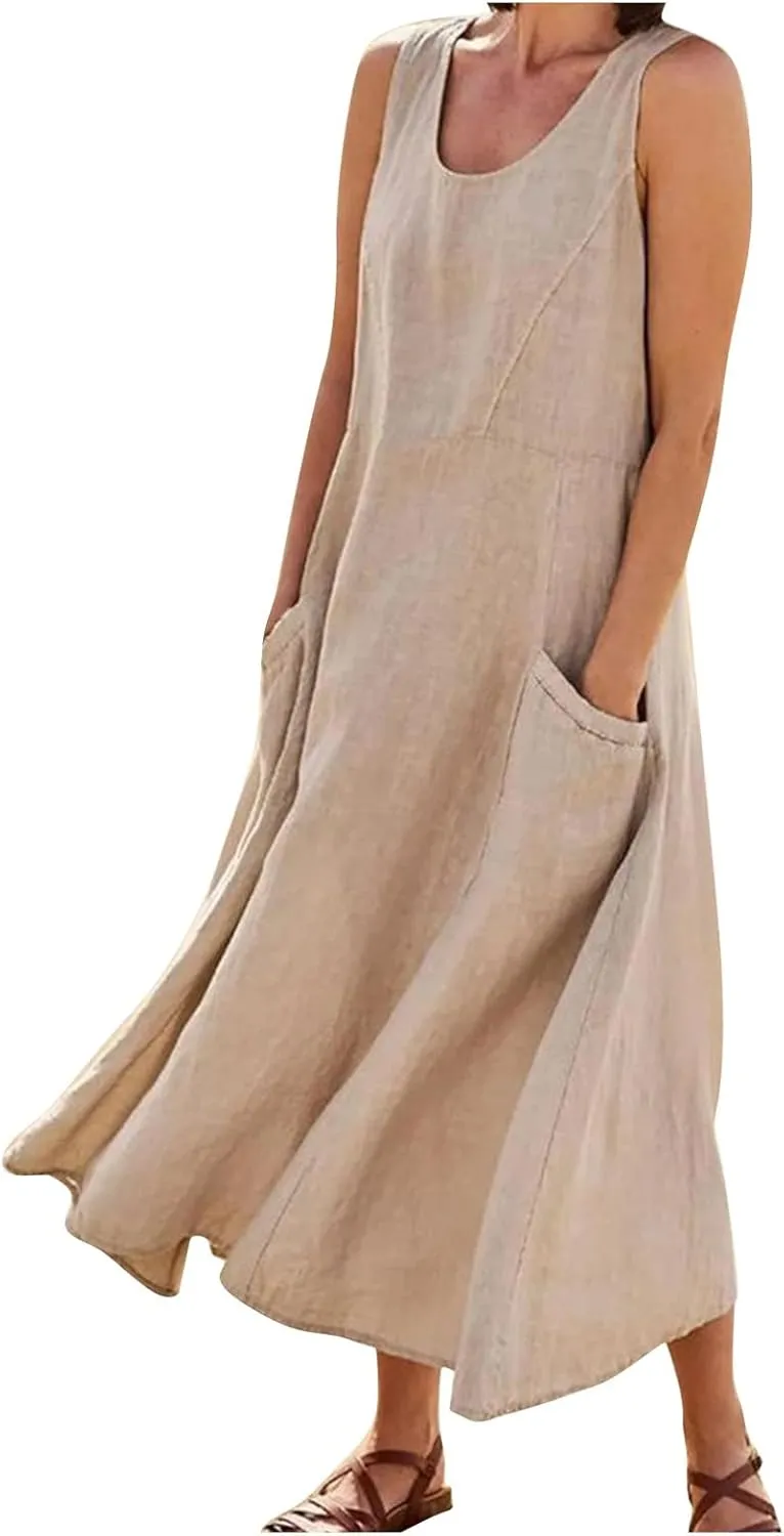 Summer Dresses for Women 2025 Casual Boho Sundress Crew Neck Sleeveless Beach Vacation Maxi Dresses with Pockets