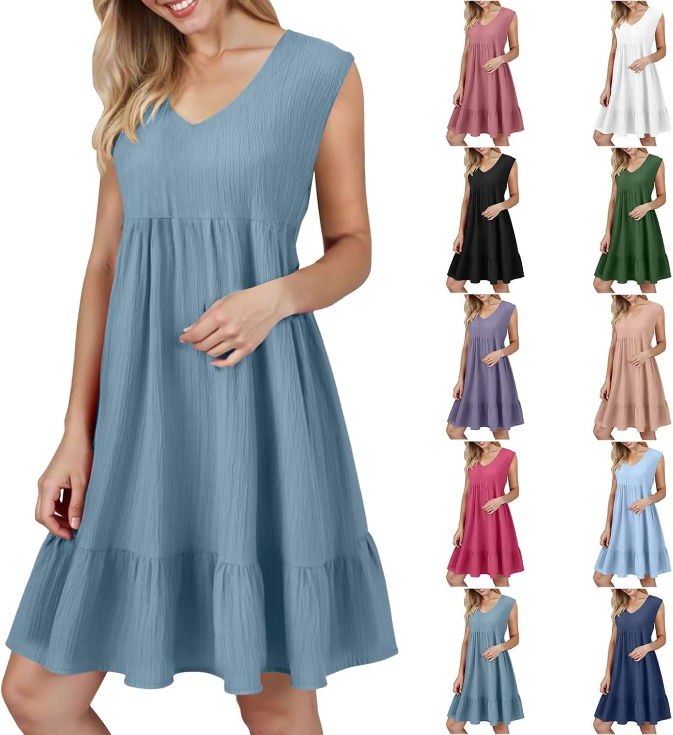 Summer Dresses for Women 2025 Casual Vacation Sleeveless V Neck Mini Tank Dress Pleated Ruffle Flowy A Line Beach Sundresses