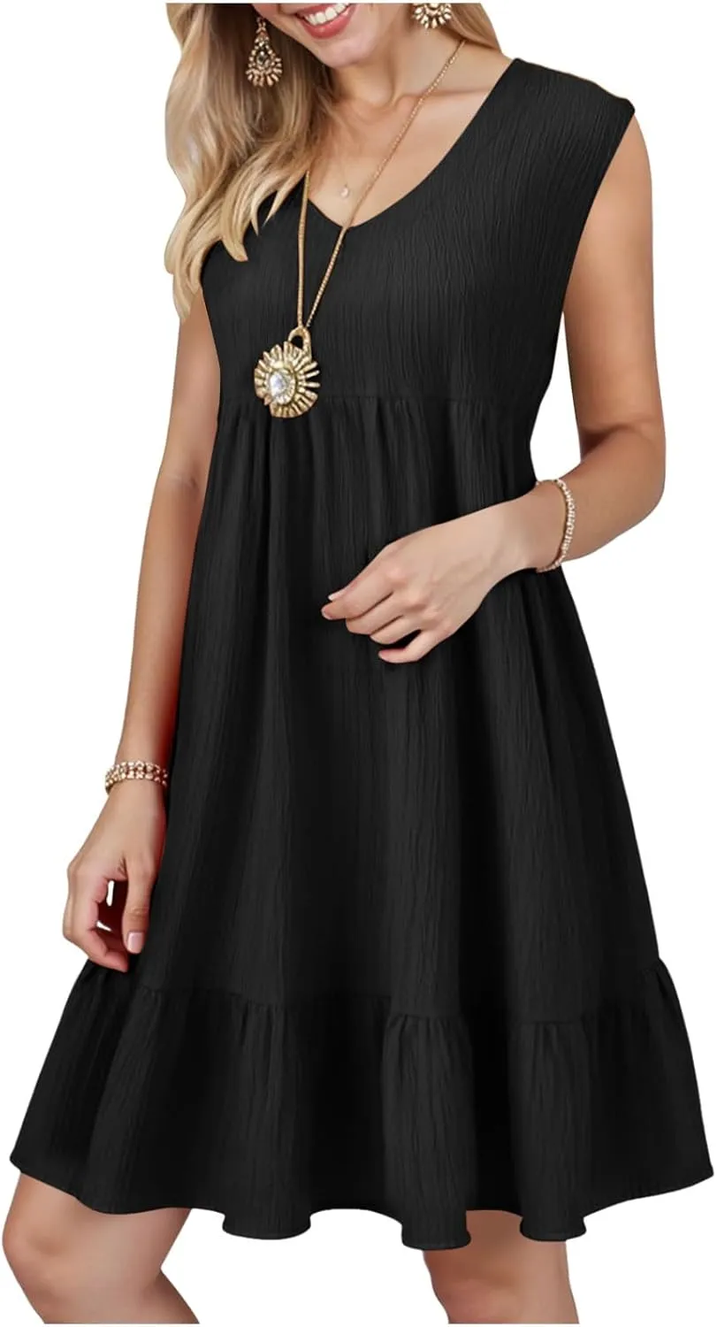 Summer Dresses for Women 2025 Casual Vacation Sleeveless V Neck Mini Tank Dress Pleated Ruffle Flowy A Line Beach Sundresses