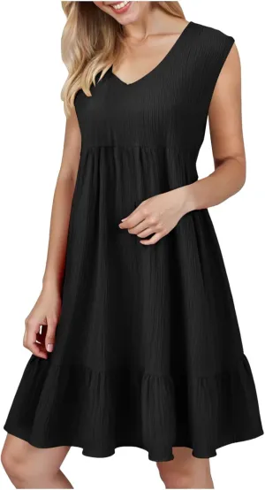 Summer Dresses for Women 2025 Casual Vacation Sleeveless V Neck Mini Tank Dress Pleated Ruffle Flowy A Line Beach Sundresses