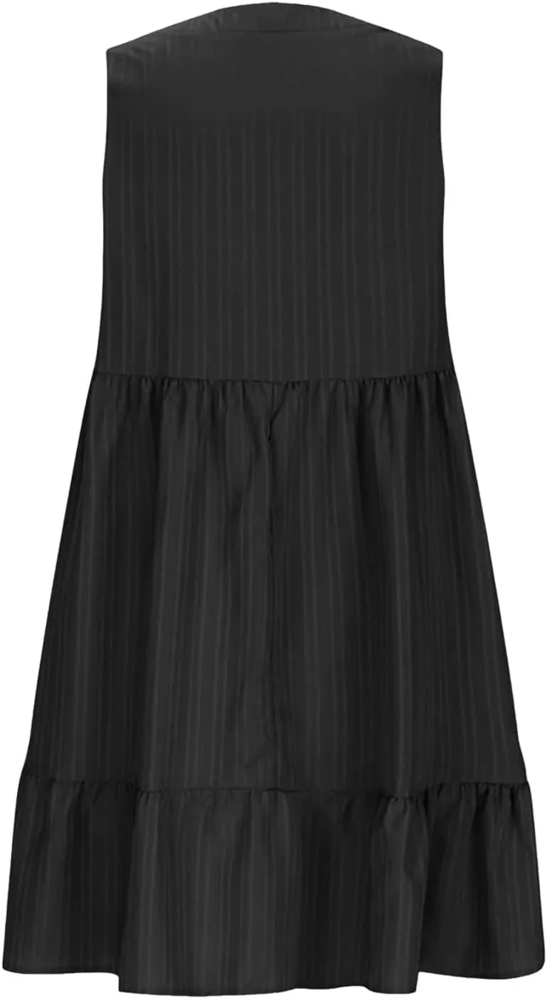 Summer Dresses for Women 2025 Casual Vacation Sleeveless V Neck Mini Tank Dress Pleated Ruffle Flowy A Line Beach Sundresses