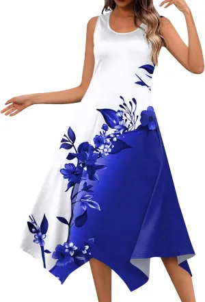 Summer Dresses for Women 2025 Elegant Print Swing Hem Tank Midi Dress Casual Plus Size Sleeveless Crewneck Sundress