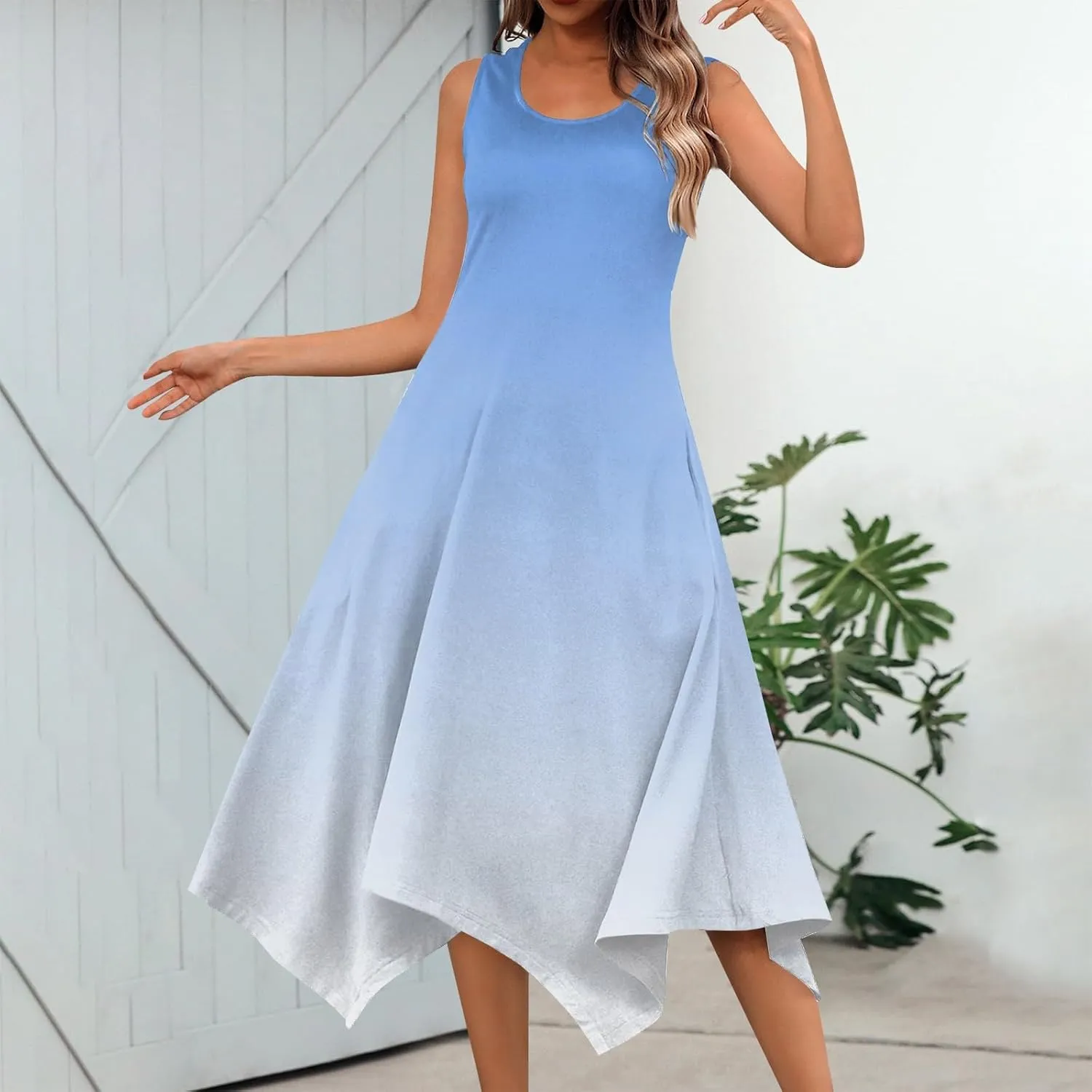Summer Dresses for Women 2025 Elegant Print Swing Hem Tank Midi Dress Casual Plus Size Sleeveless Crewneck Sundress