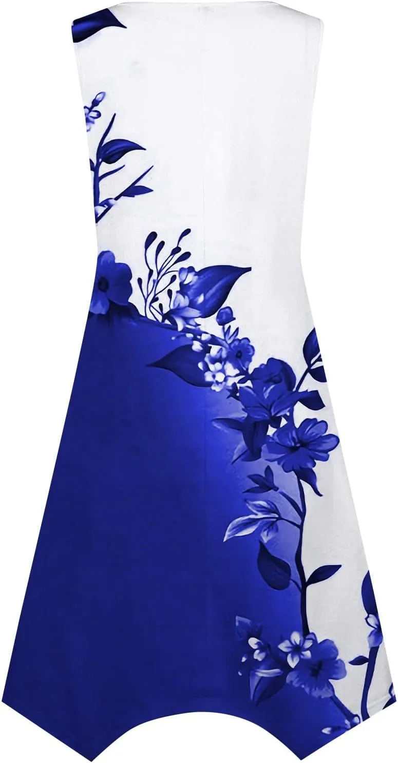 Summer Dresses for Women 2025 Elegant Print Swing Hem Tank Midi Dress Casual Plus Size Sleeveless Crewneck Sundress