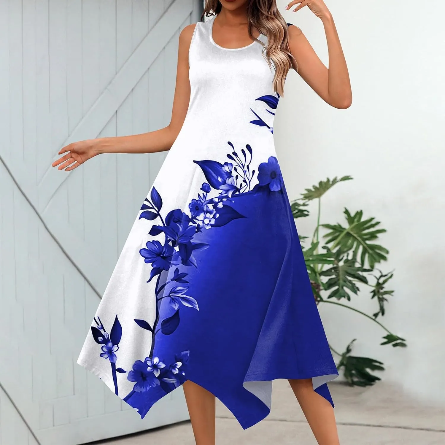 Summer Dresses for Women 2025 Elegant Print Swing Hem Tank Midi Dress Casual Plus Size Sleeveless Crewneck Sundress