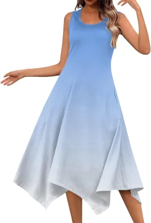 Summer Dresses for Women 2025 Elegant Print Swing Hem Tank Midi Dress Casual Plus Size Sleeveless Crewneck Sundress