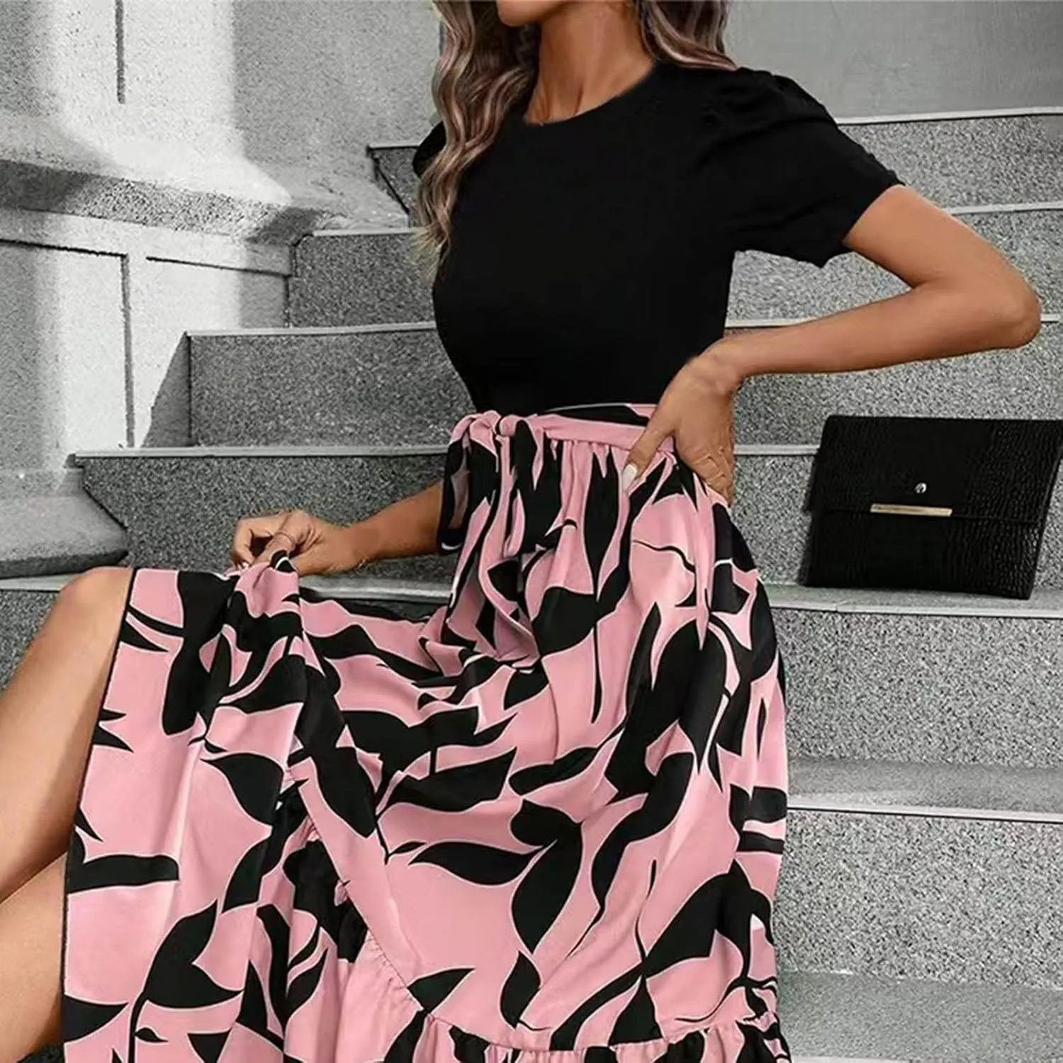 Summer Dresses for Women 2025 Floral Print Wrap Short Sleeve Maxi Dress Patchwork Ruffle Hem A Line Dress