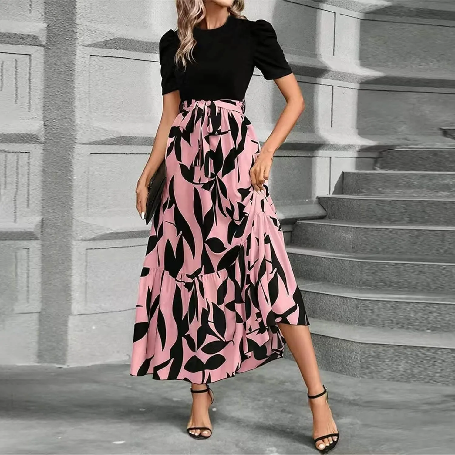 Summer Dresses for Women 2025 Floral Print Wrap Short Sleeve Maxi Dress Patchwork Ruffle Hem A Line Dress