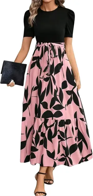 Summer Dresses for Women 2025 Floral Print Wrap Short Sleeve Maxi Dress Patchwork Ruffle Hem A Line Dress