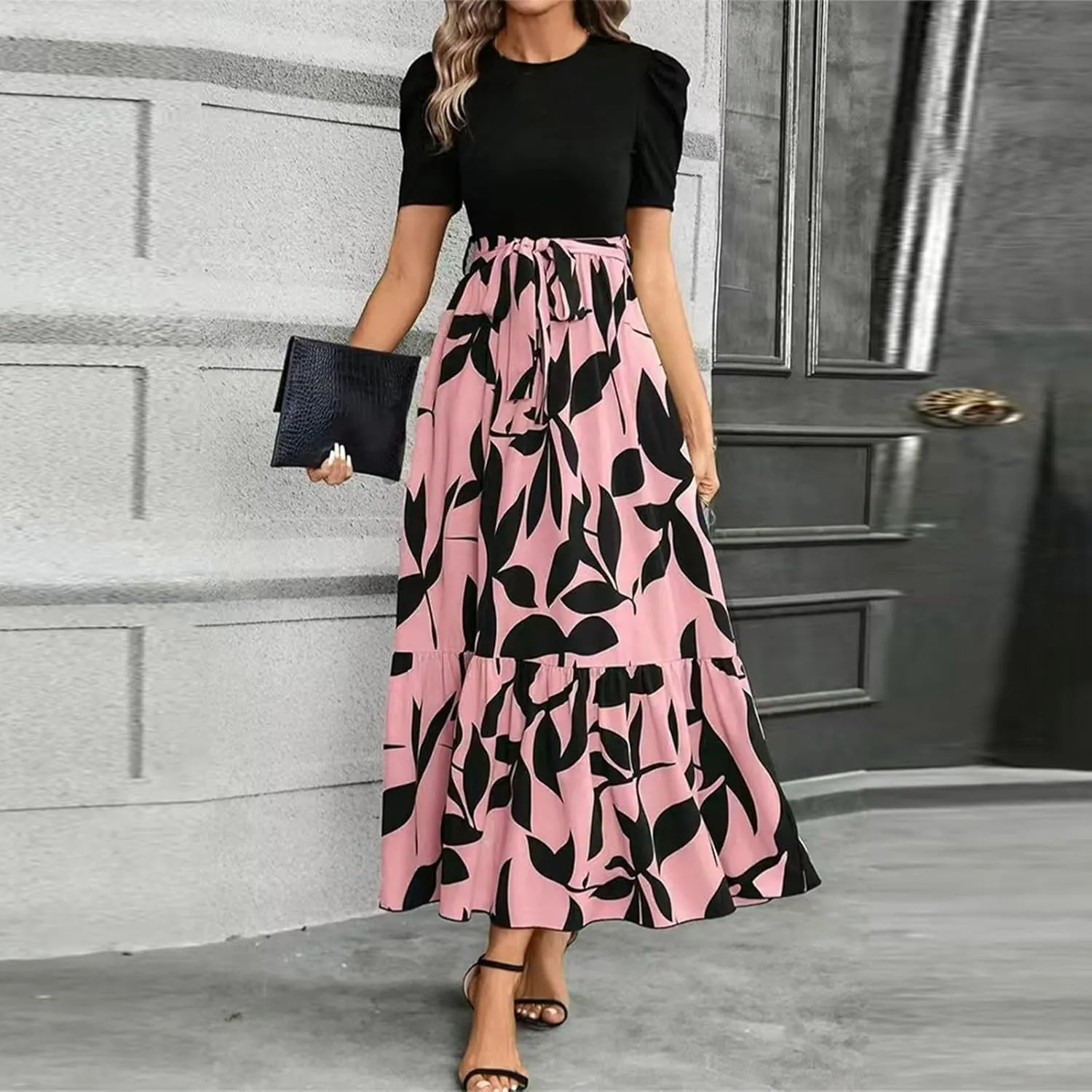 Summer Dresses for Women 2025 Floral Print Wrap Short Sleeve Maxi Dress Patchwork Ruffle Hem A Line Dress