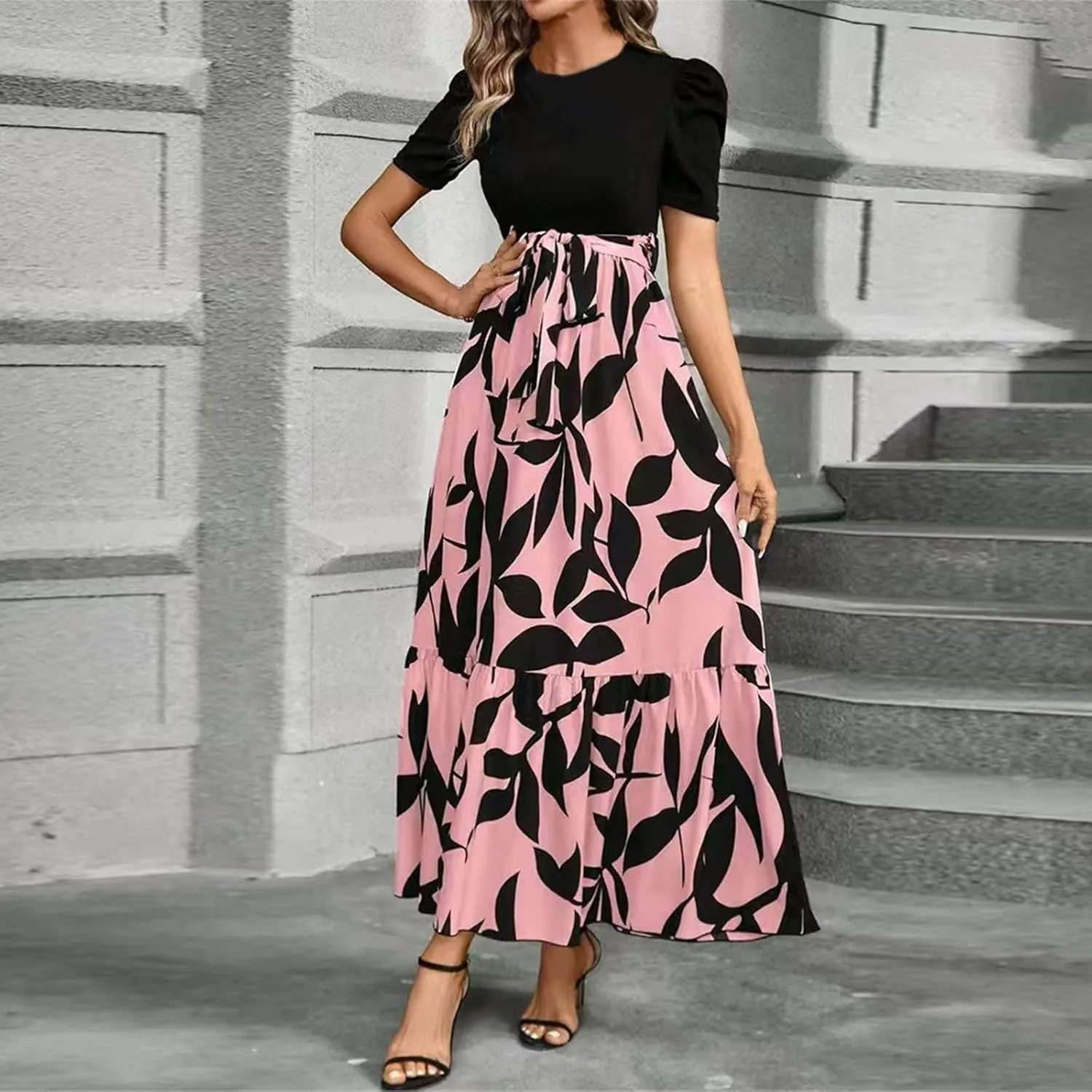 Summer Dresses for Women 2025 Floral Print Wrap Short Sleeve Maxi Dress Patchwork Ruffle Hem A Line Dress