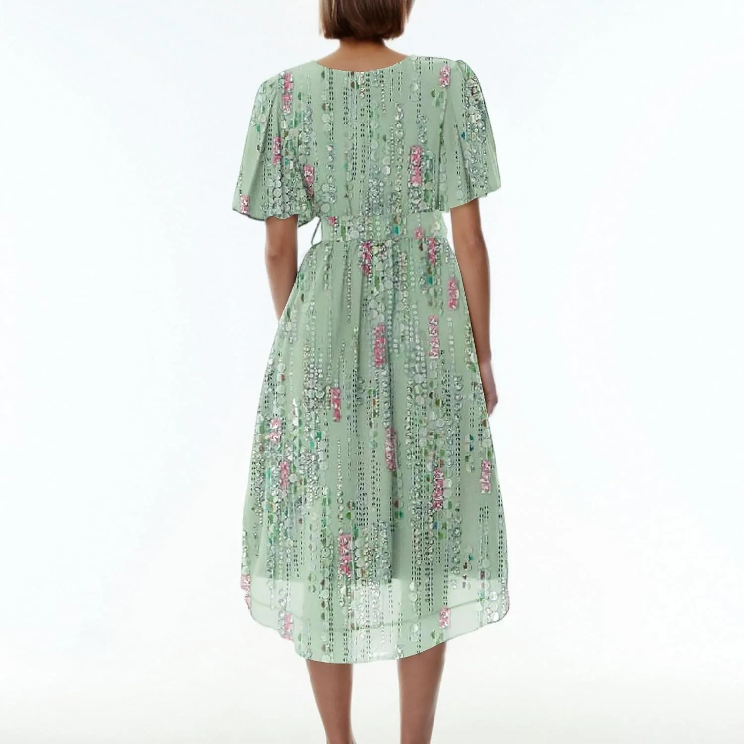Summer Dresses for Women 2025 Floral Printed Chiffon V Neck Short Sleeve Midi Dress Casual Work A Line Dress
