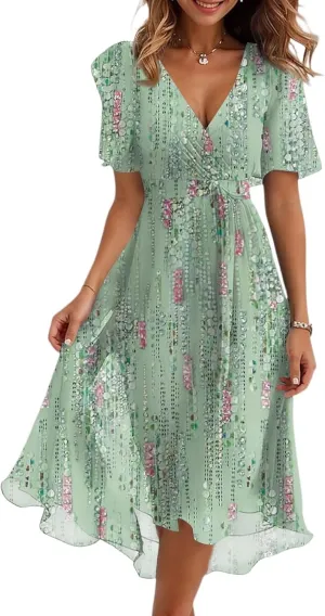 Summer Dresses for Women 2025 Floral Printed Chiffon V Neck Short Sleeve Midi Dress Casual Work A Line Dress