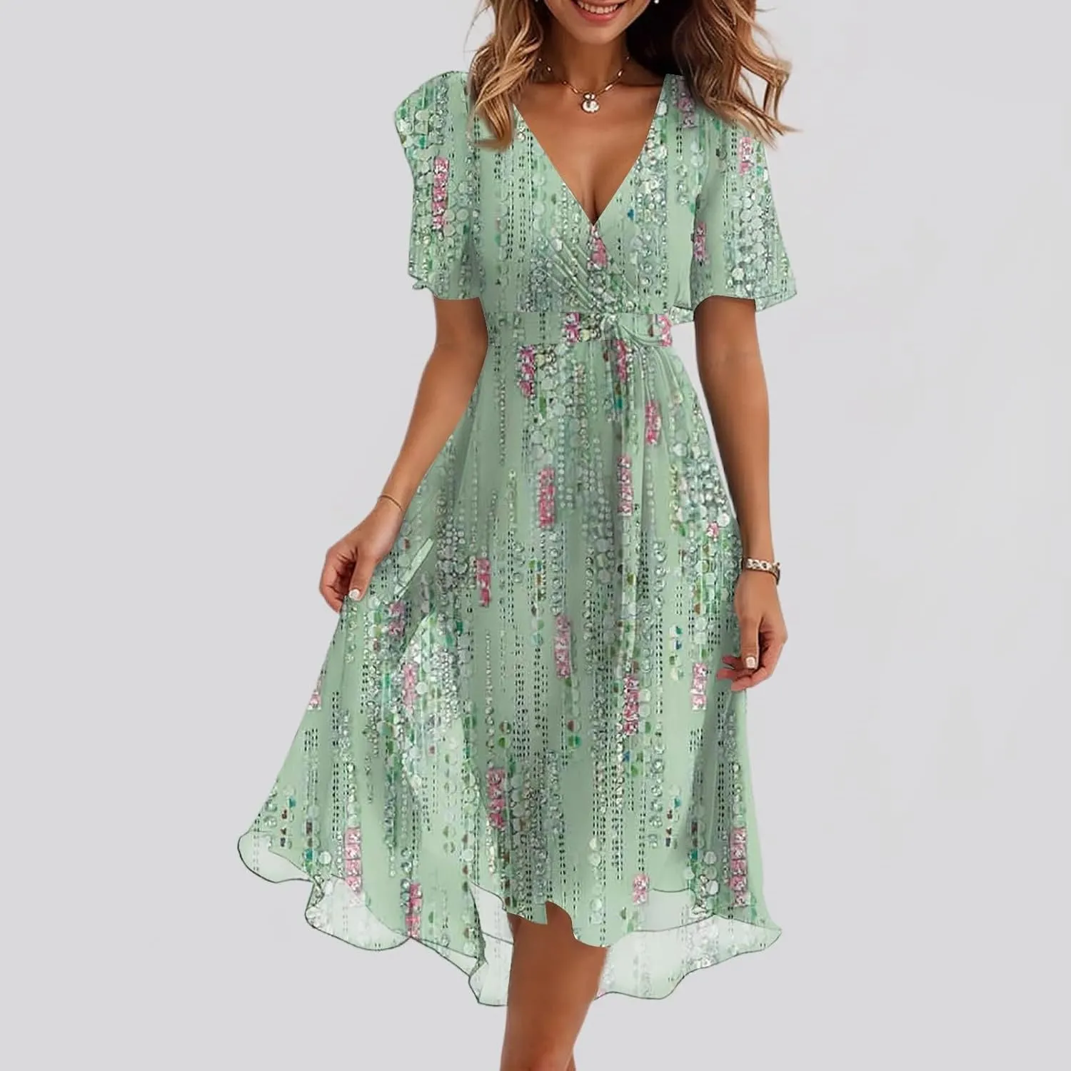 Summer Dresses for Women 2025 Floral Printed Chiffon V Neck Short Sleeve Midi Dress Casual Work A Line Dress