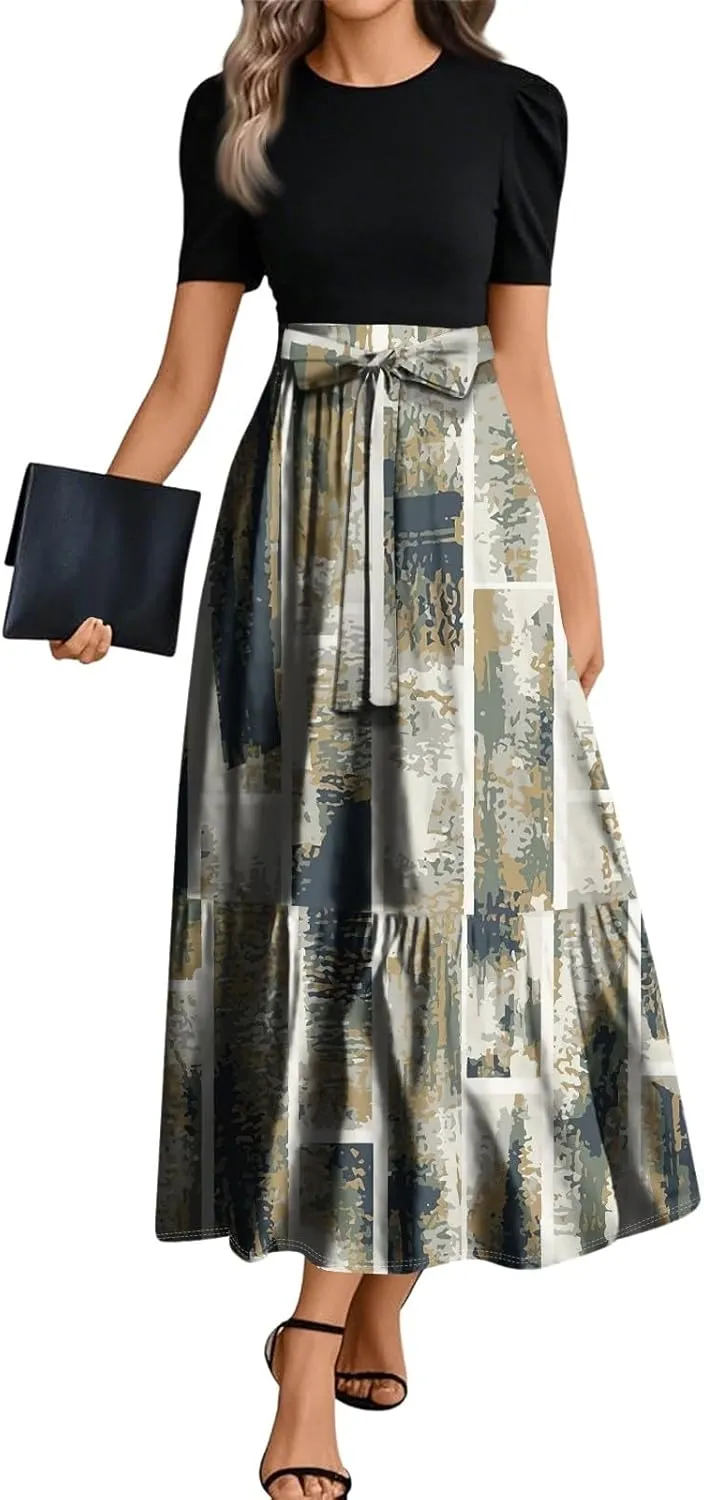 Summer Dresses for Women 2025 Flowy Floral Long Sundress Ruffle Hem a Line Dress Short Sleeve Patchwork Maxi Dress