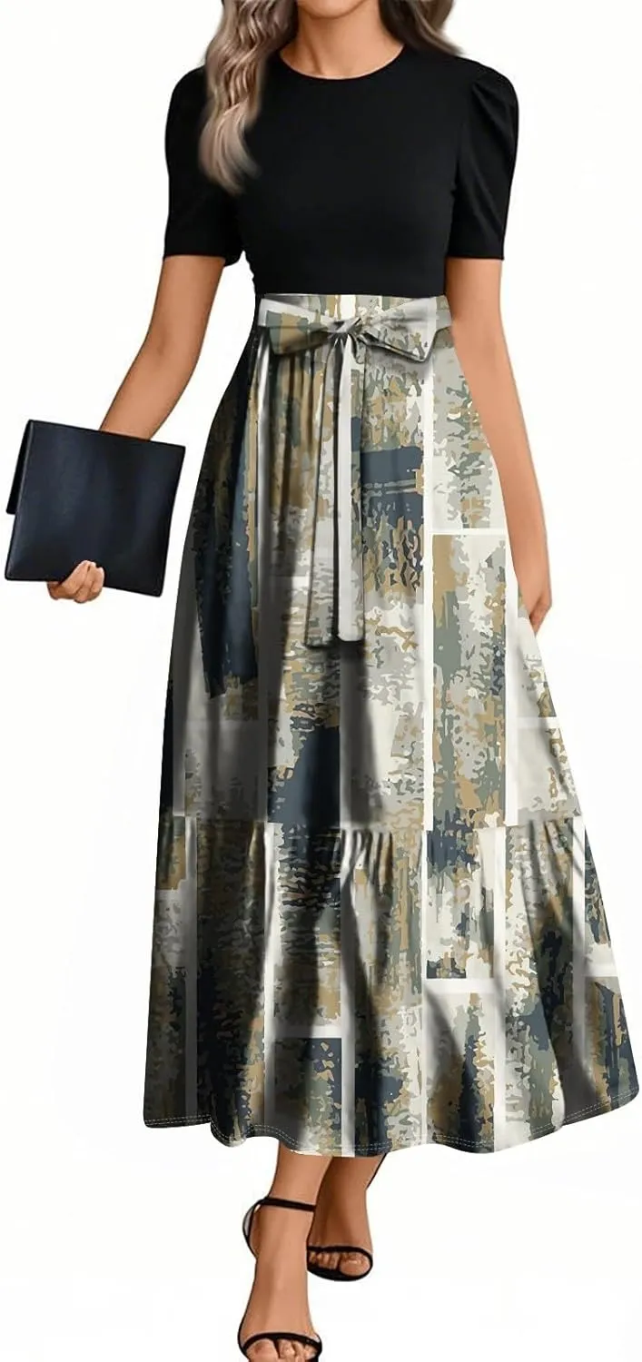 Summer Dresses for Women 2025 Flowy Floral Long Sundress Ruffle Hem a Line Dress Short Sleeve Patchwork Maxi Dress