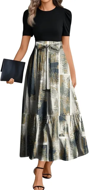 Summer Dresses for Women 2025 Flowy Floral Long Sundress Ruffle Hem a Line Dress Short Sleeve Patchwork Maxi Dress
