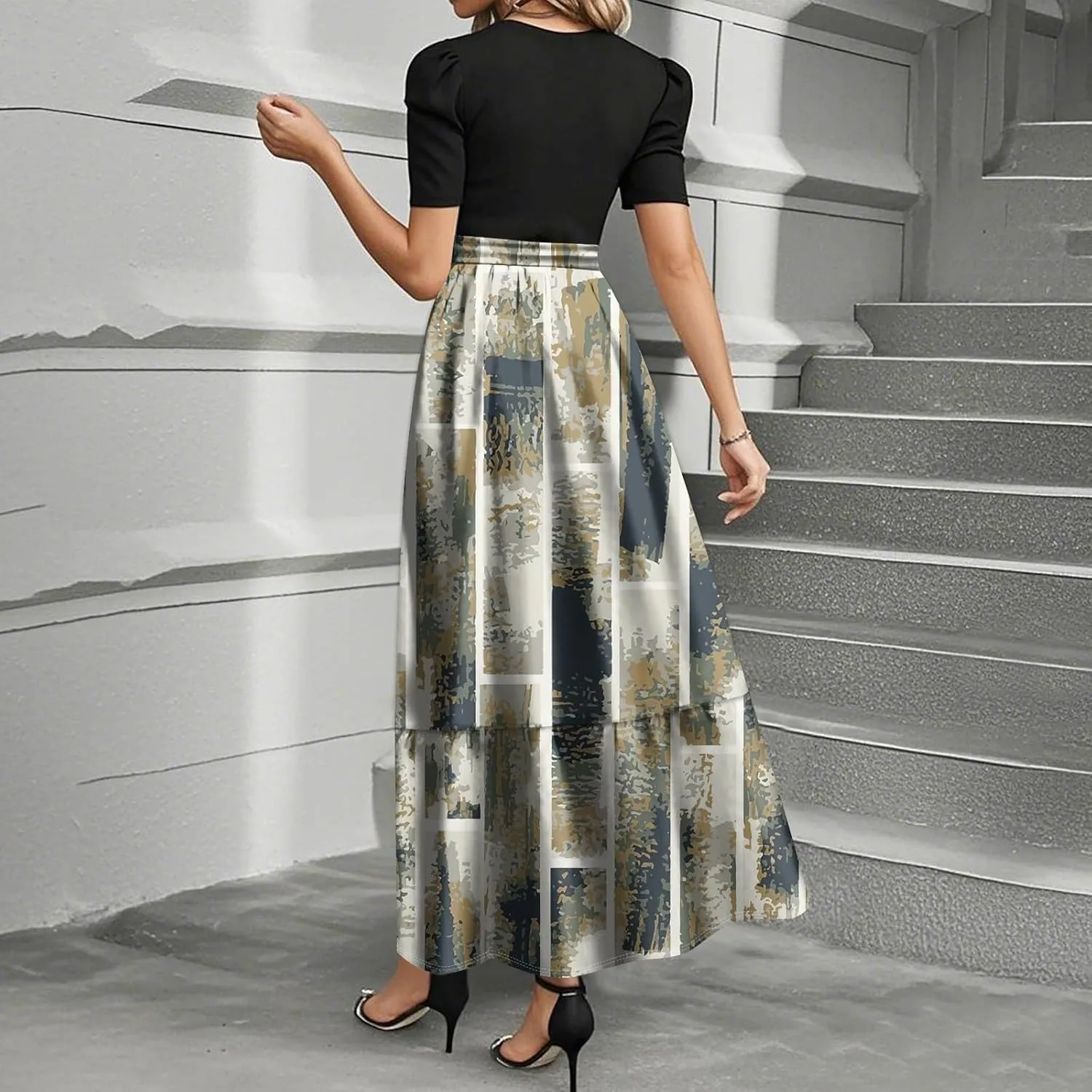 Summer Dresses for Women 2025 Flowy Floral Long Sundress Ruffle Hem a Line Dress Short Sleeve Patchwork Maxi Dress