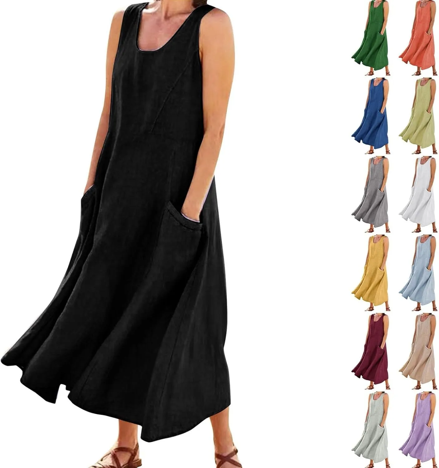 Summer Dresses for Women 2025 Linen Maxi Dresses Flowy Sleeveless Sundress with Pockets U Neck Boho Dress for Beach
