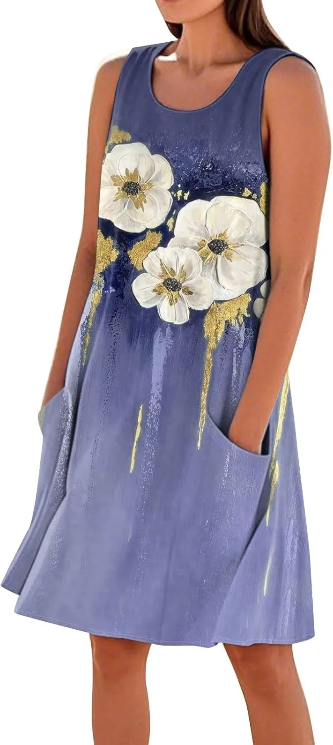 Summer Dresses for Women 2025 Round Neck Short Sleeve Cotton Linen Dress Beach Vacation Sundresses with Pockets