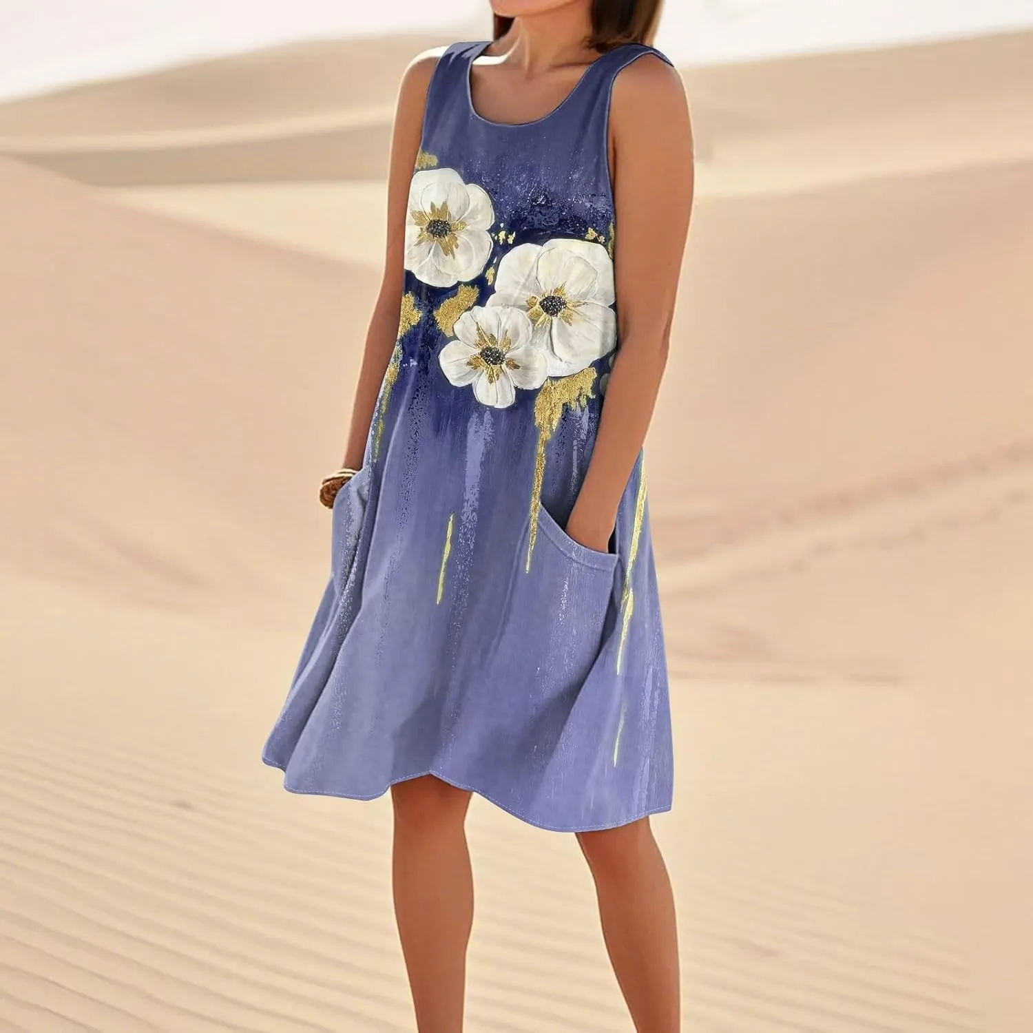 Summer Dresses for Women 2025 Round Neck Short Sleeve Cotton Linen Dress Beach Vacation Sundresses with Pockets