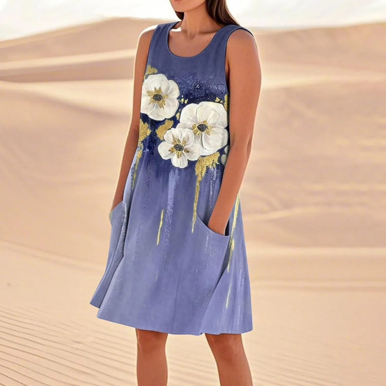 Summer Dresses for Women 2025 Round Neck Short Sleeve Cotton Linen Dress Beach Vacation Sundresses with Pockets