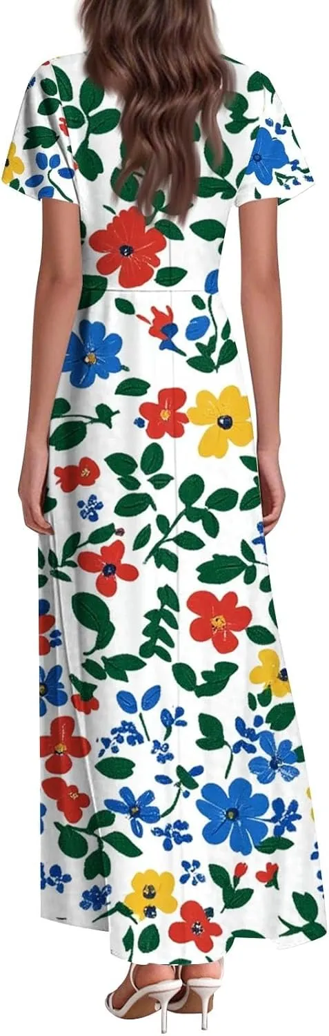 Summer Dresses for Women 2025 Ruffle Short Sleeve Vneck Sundress Trendy Floral Print Swing Hem Chiffon Cocktail Dress
