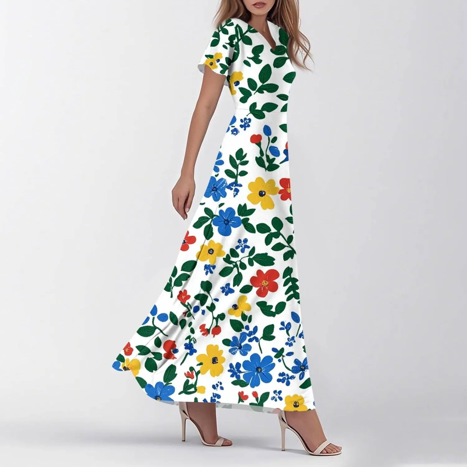 Summer Dresses for Women 2025 Ruffle Short Sleeve Vneck Sundress Trendy Floral Print Swing Hem Chiffon Cocktail Dress