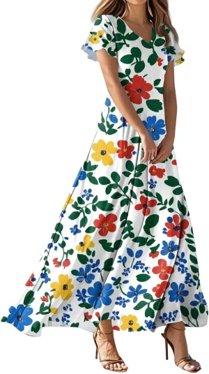 Summer Dresses for Women 2025 Ruffle Short Sleeve Vneck Sundress Trendy Floral Print Swing Hem Chiffon Cocktail Dress