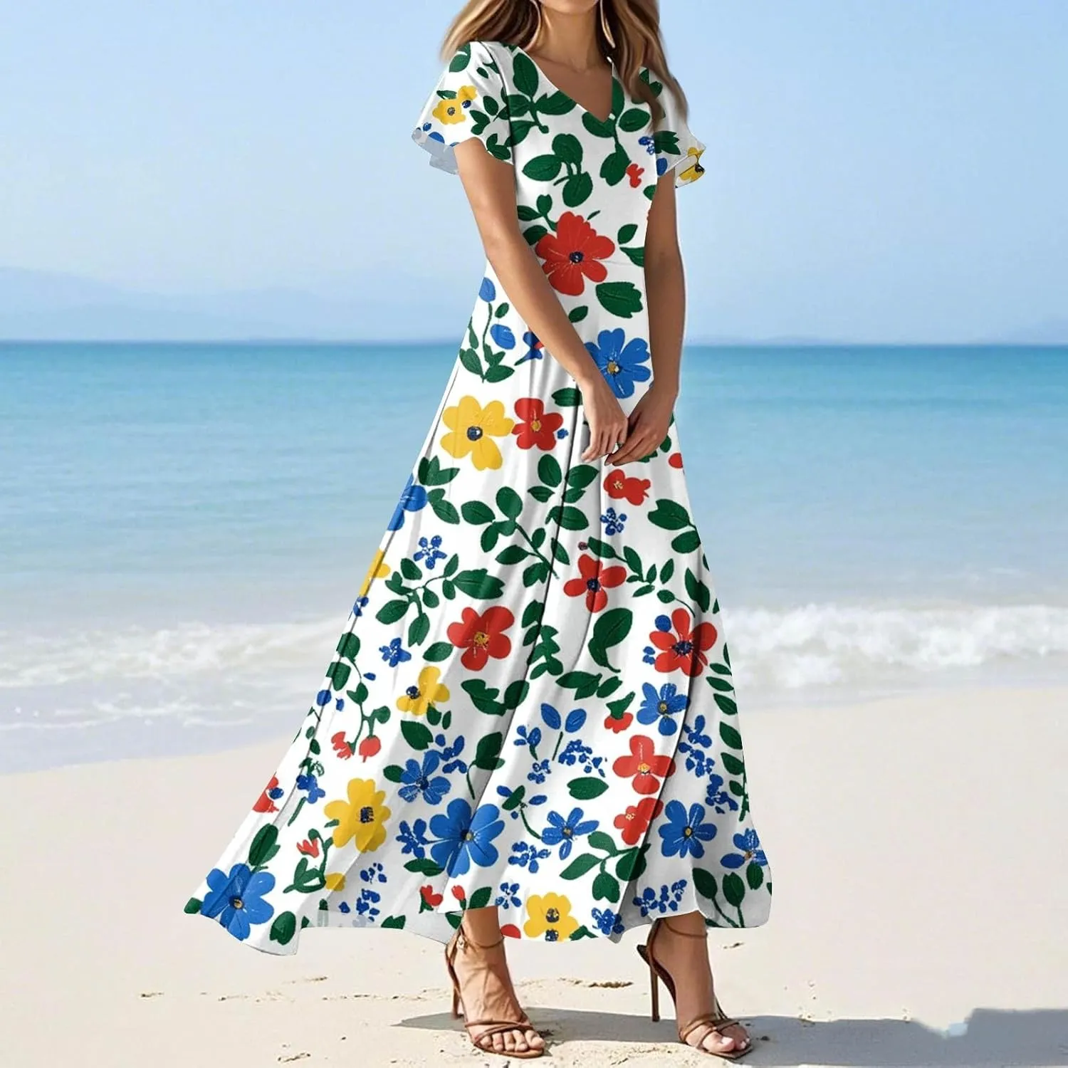 Summer Dresses for Women 2025 Ruffle Short Sleeve Vneck Sundress Trendy Floral Print Swing Hem Chiffon Cocktail Dress