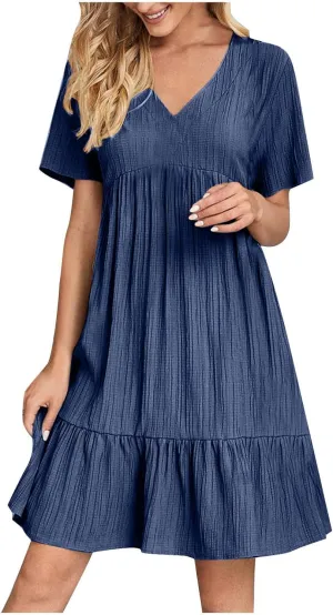 Summer Dresses for Women 2025 Short Sleeve V Neck Mini Tshirt Dress Pleated Ruffle Flowy Boho Beach Vacation Sundress