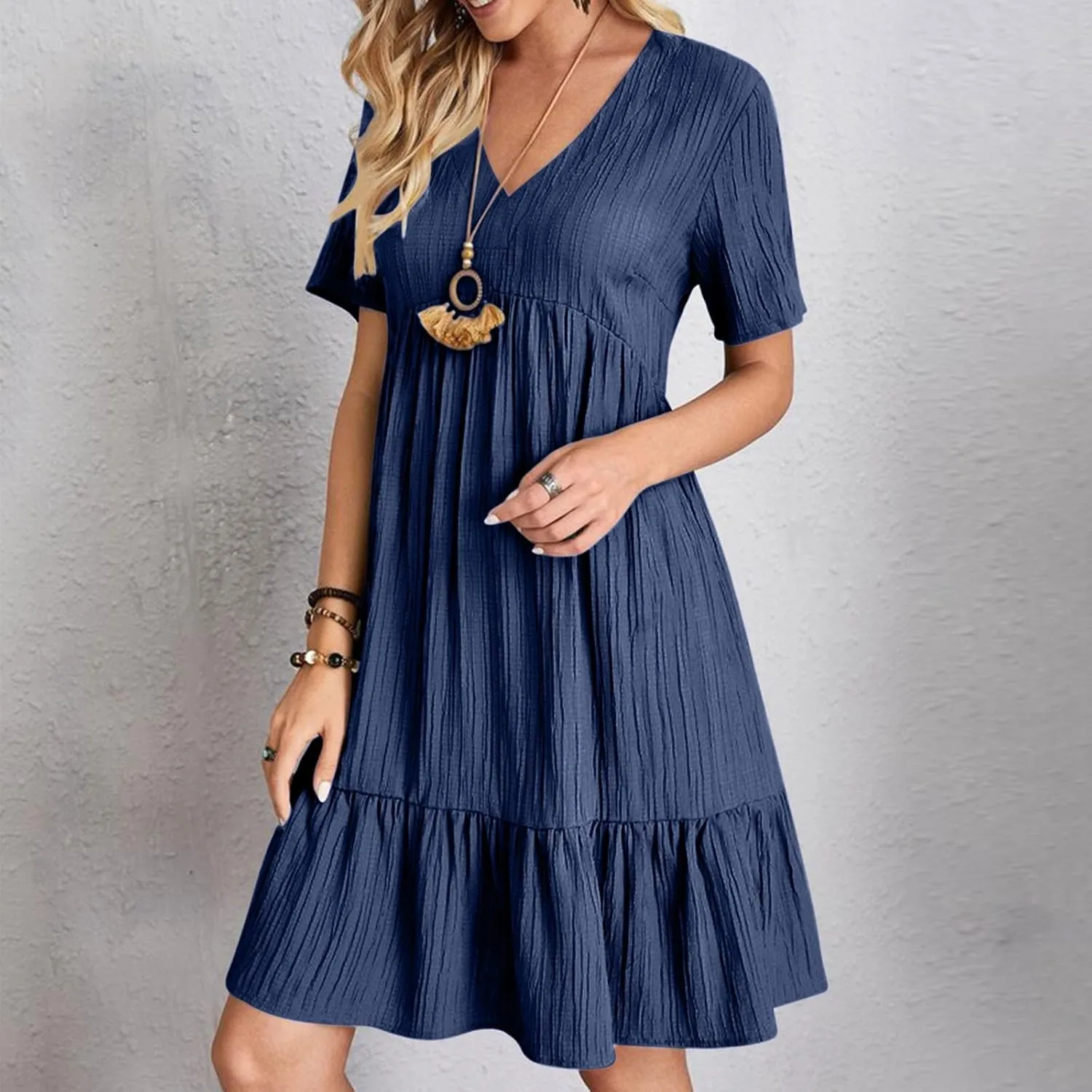Summer Dresses for Women 2025 Short Sleeve V Neck Mini Tshirt Dress Pleated Ruffle Flowy Boho Beach Vacation Sundress