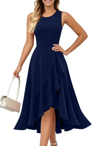 Summer Dresses for Women 2025 Sleeveless Flowy Midi Dress with Asymmetrical Hem, Elegant Wedding Guest Dresses
