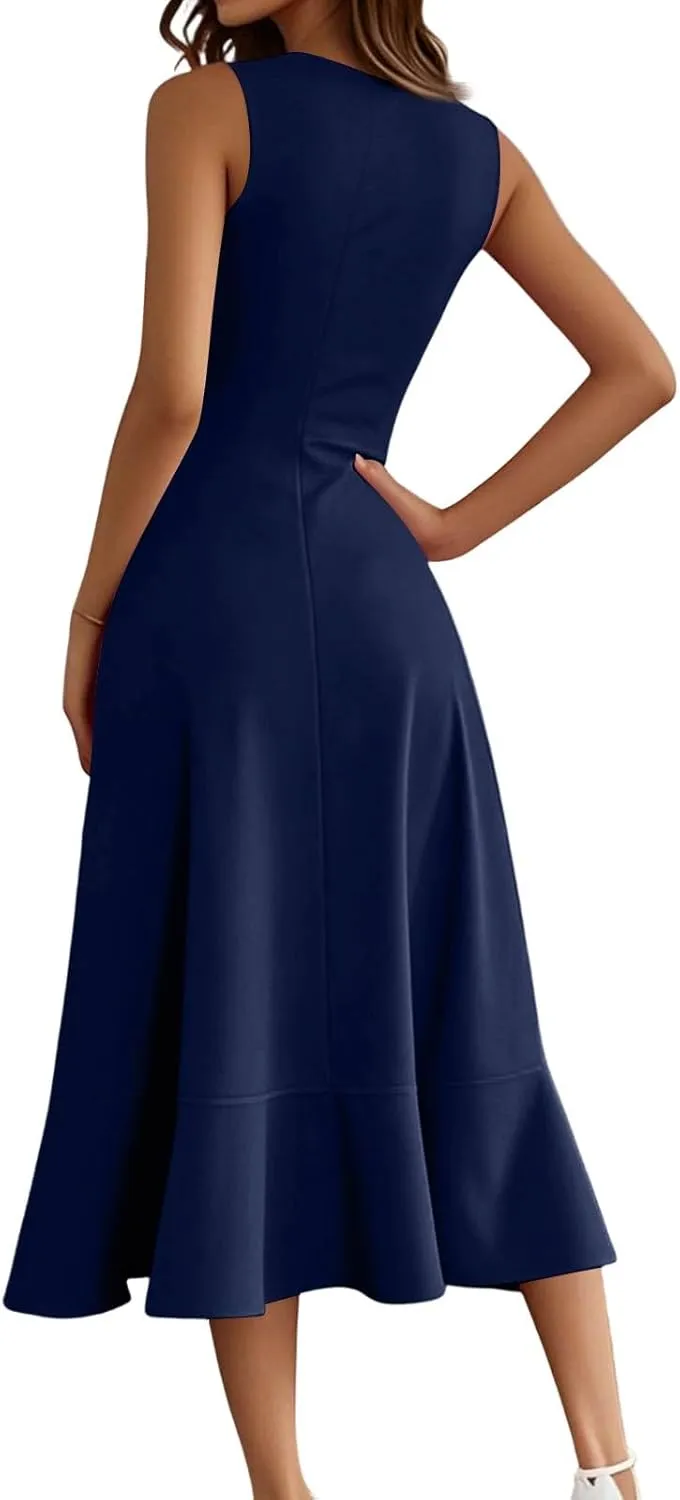 Summer Dresses for Women 2025 Sleeveless Flowy Midi Dress with Asymmetrical Hem, Elegant Wedding Guest Dresses