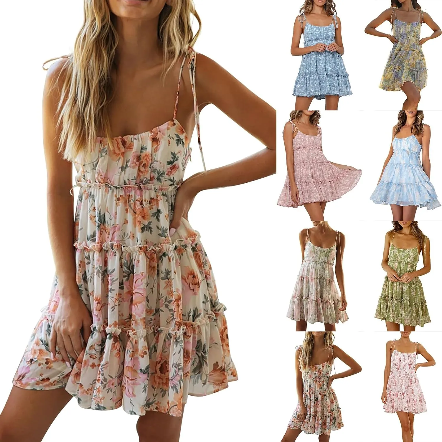 Summer Dresses for Women 2025 Sleeveless Spaghetti Strap Floral Mini Dress Chiffon Tiered Ruffle Smocked Boho Dress