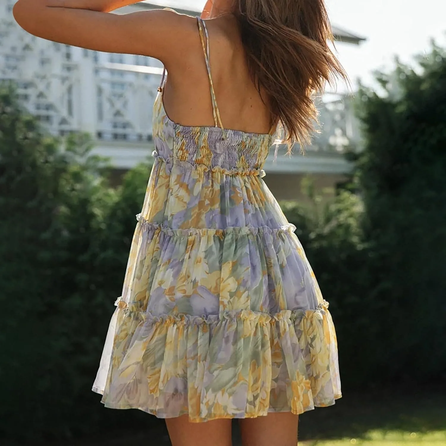 Summer Dresses for Women 2025 Sleeveless Spaghetti Strap Floral Mini Dress Chiffon Tiered Ruffle Smocked Boho Dress