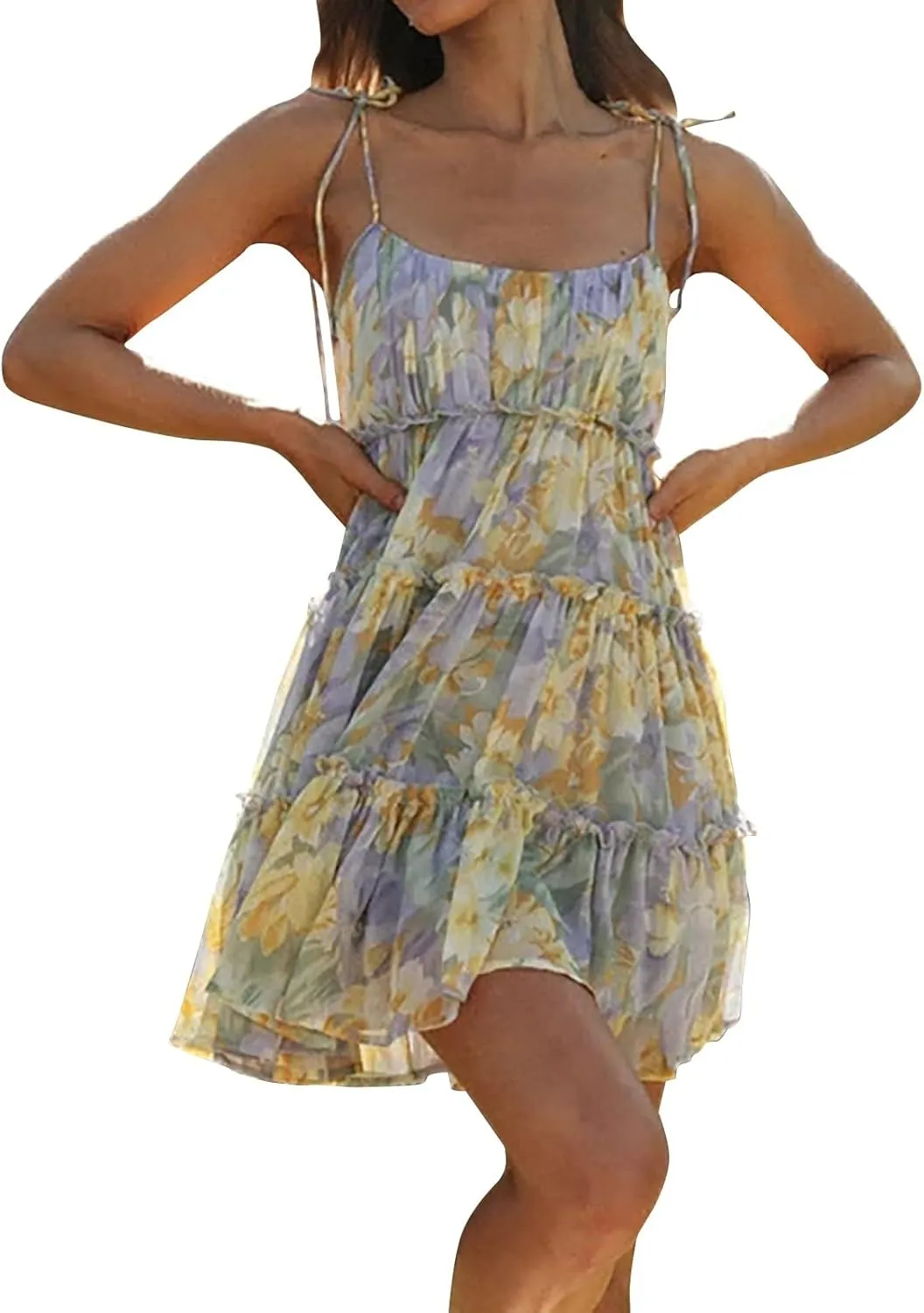Summer Dresses for Women 2025 Sleeveless Spaghetti Strap Floral Mini Dress Chiffon Tiered Ruffle Smocked Boho Dress