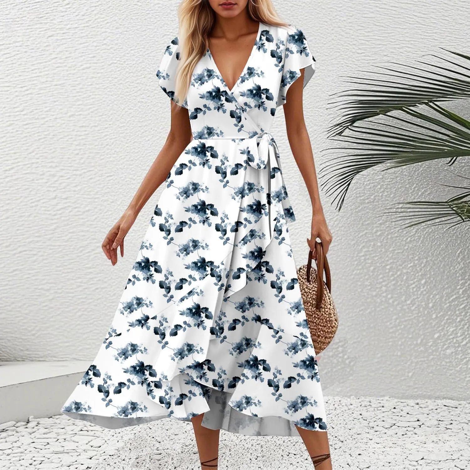 Summer Dresses for Women 2025,Womens Wrap V Neck Casual Dresses Floral Short Sleeve A-Line Ruffle Midi Sundress