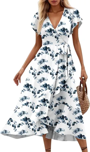 Summer Dresses for Women 2025,Womens Wrap V Neck Casual Dresses Floral Short Sleeve A-Line Ruffle Midi Sundress