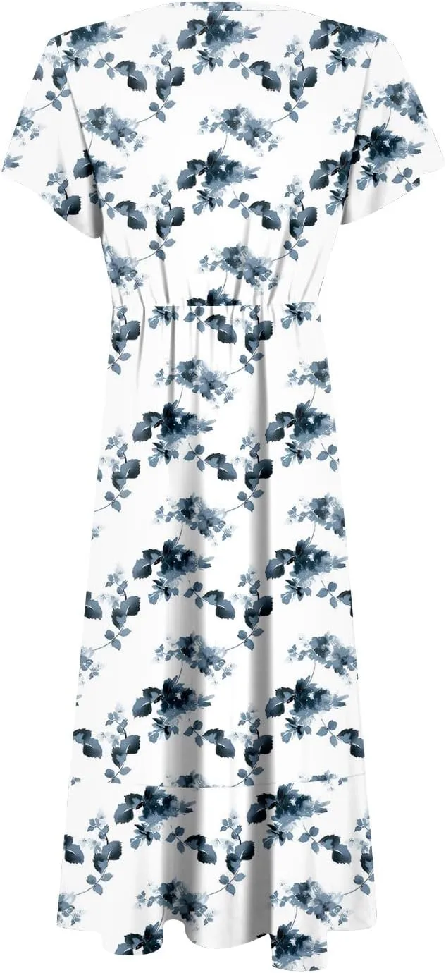 Summer Dresses for Women 2025,Womens Wrap V Neck Casual Dresses Floral Short Sleeve A-Line Ruffle Midi Sundress
