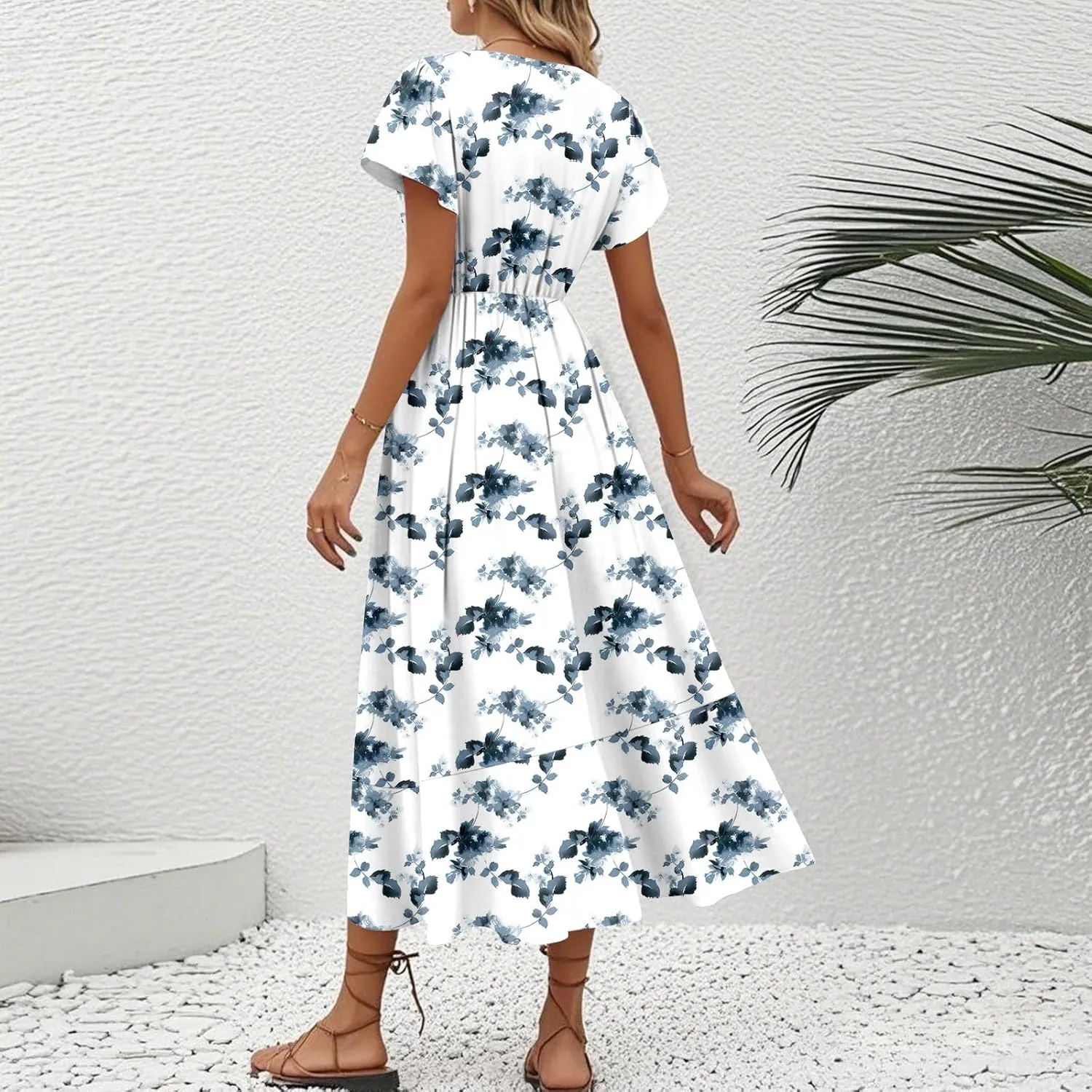 Summer Dresses for Women 2025,Womens Wrap V Neck Casual Dresses Floral Short Sleeve A-Line Ruffle Midi Sundress