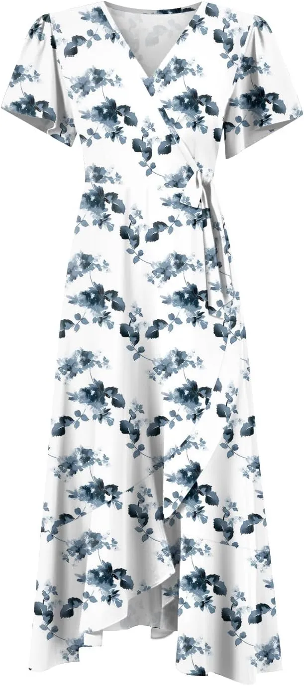 Summer Dresses for Women 2025,Womens Wrap V Neck Casual Dresses Floral Short Sleeve A-Line Ruffle Midi Sundress