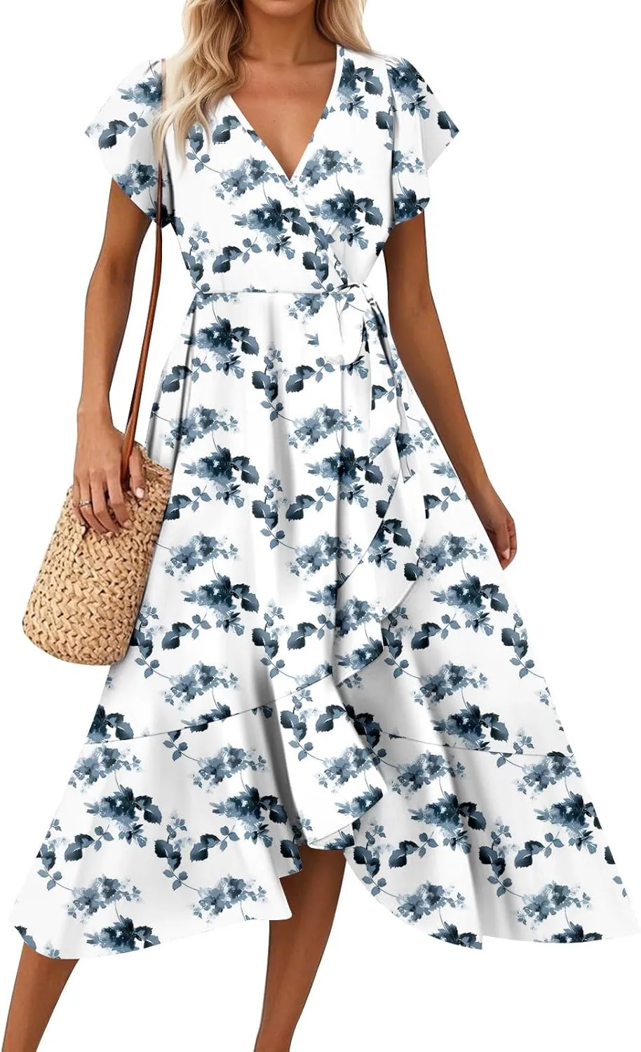 Summer Dresses for Women 2025,Womens Wrap V Neck Casual Dresses Floral Short Sleeve A-Line Ruffle Midi Sundress