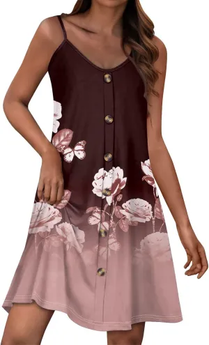 Summer Dresses for Women Casual Floral Mini Dress Beach Spaghetti Strap Sundresses Button Flowy Sleeveless a Line Dress