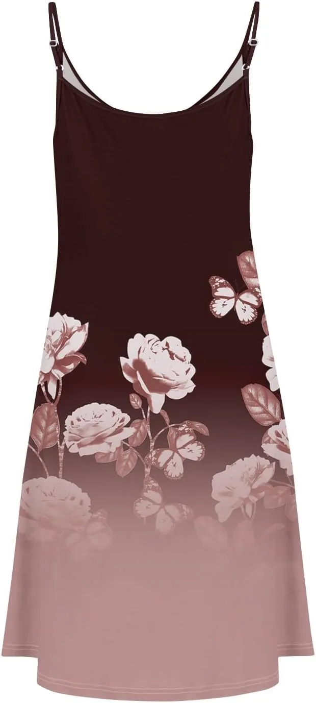 Summer Dresses for Women Casual Floral Mini Dress Beach Spaghetti Strap Sundresses Button Flowy Sleeveless a Line Dress