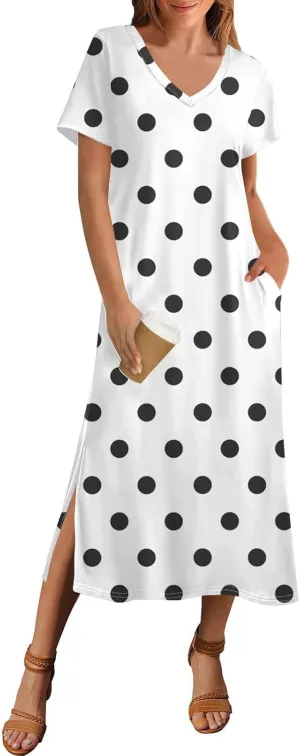 Summer Dresses for Women Casual Split Long Dress Loose T Shirt Dress Floral Print Short Sleeve Beach Dress with Pockets